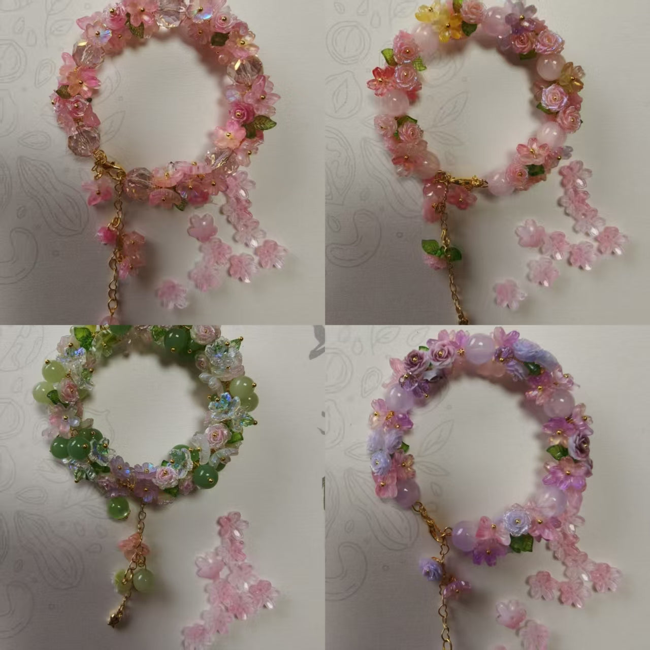 Handmade braceletsfeaturing flower - shaped beads in various colors. Uniquely designed with dangling decorations, adding elegance and a handmade touch.