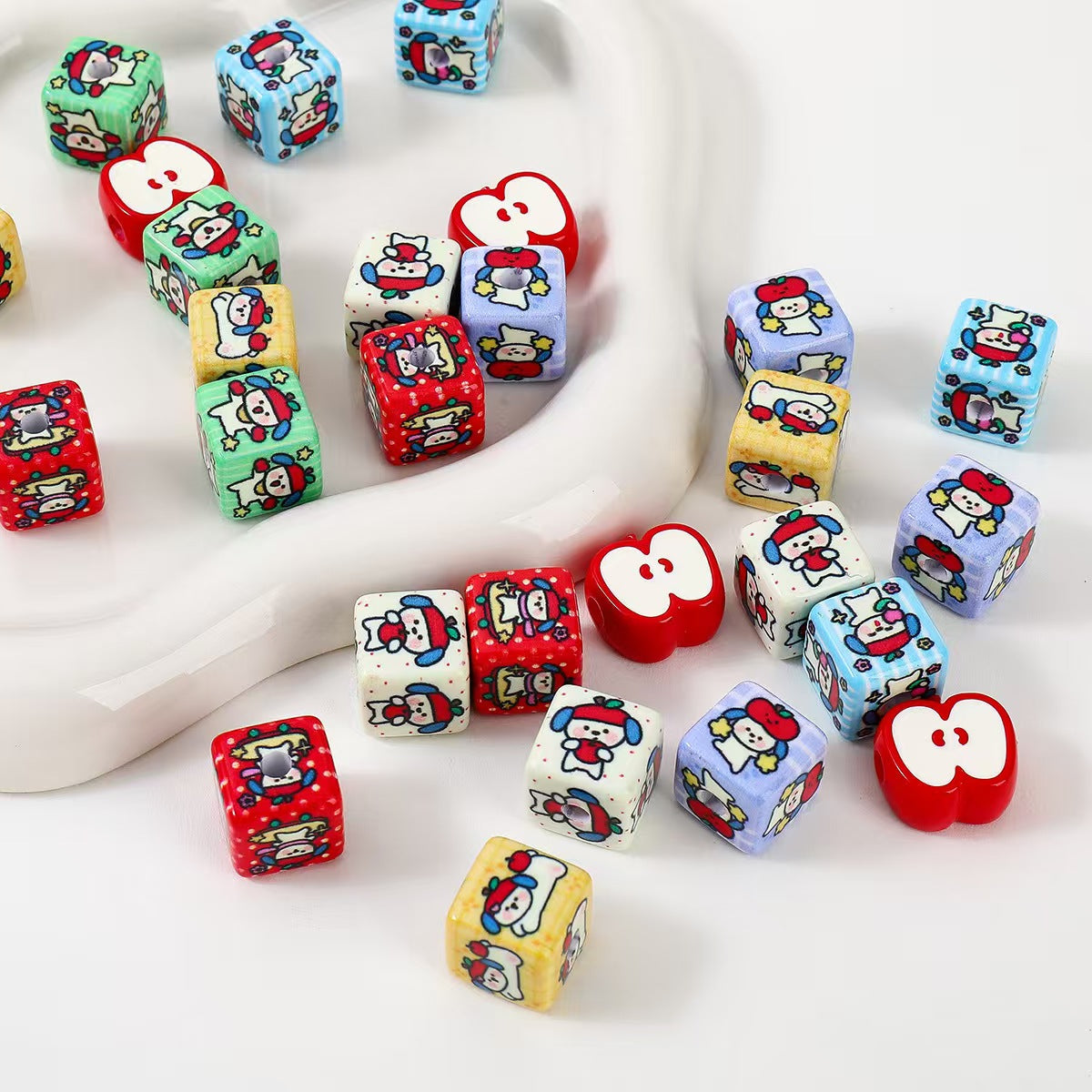 #14mm Acrylic Cartoon Apple Puppy Pattern Square Loose Beads: DIY Handmade Jewelry Beading Accessories