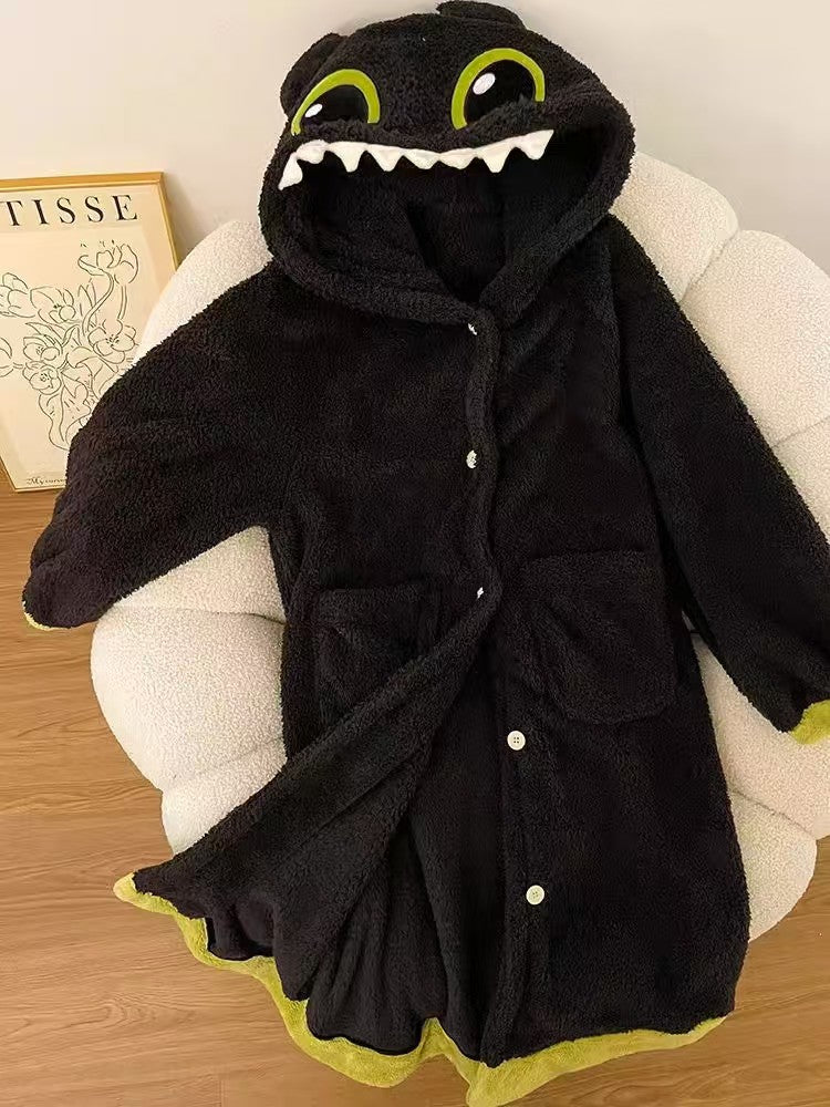 #Toothless Hooded Robe Long Flannel Coral Fleece Pajamas for Winter