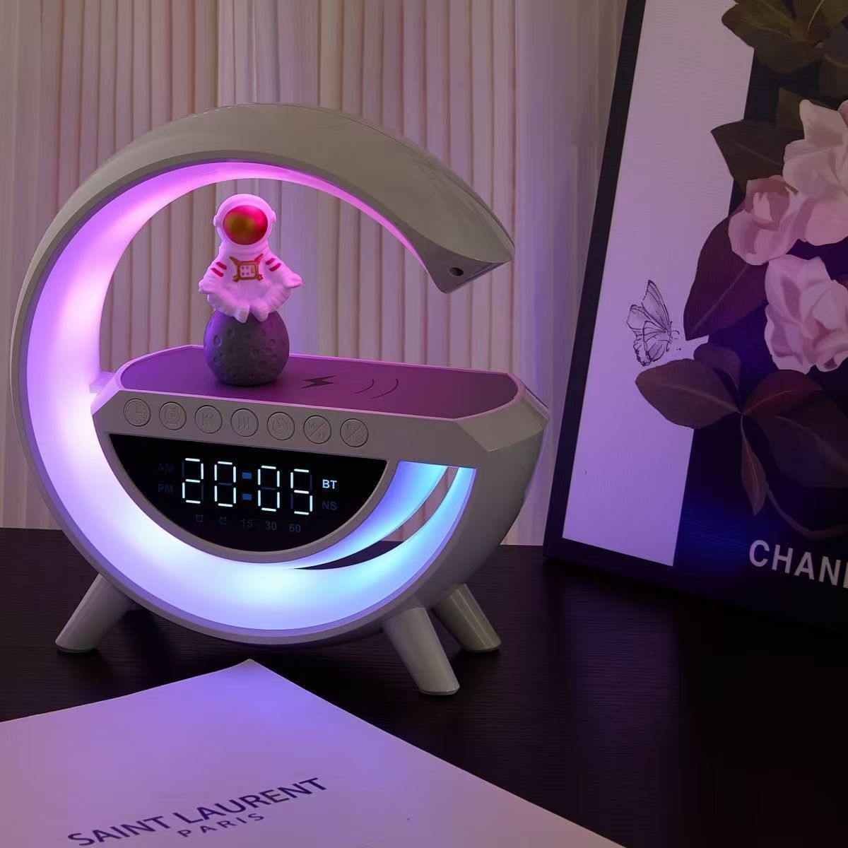 #Multifunctional Wireless Charging Bluetooth Speaker with Night Light, Alarm Clock and Ambient Light