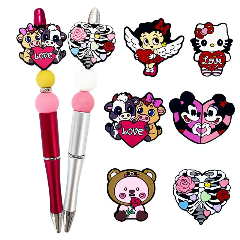 #New Valentine's Day Series Silicone Beads, Handmade DIY Beads with 3D Heart & Couple Cow Designs, for Bouquet Keychain Accessories