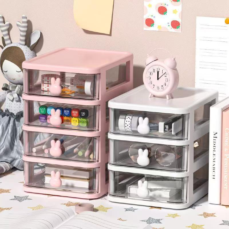 Mocha Bunny Ear Transparent Multi-layer Storage Box - Creative Office Stationery Organizer Essential