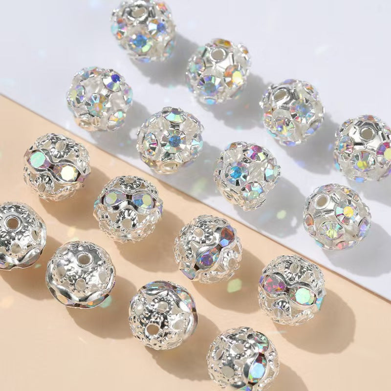 #Electroplated Silver AB Rhinestone Flower Beads, 8mm Spacer Beads: Hollow Rhinestone Settings for DIY Bracelet Accessories.