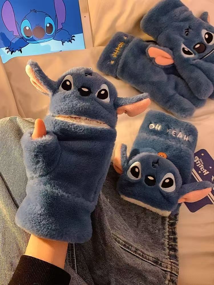 #Disney Stitch Half-Finger Flip-Top Plush Gloves for Women