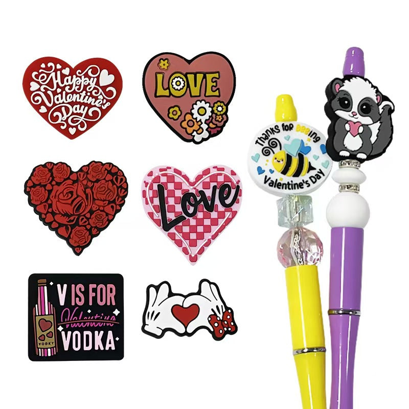 #New Valentine's Day Series Silicone Beads, Handmade DIY Beads with 3D Heart & Couple Cow Designs, for Bouquet Keychain Accessories