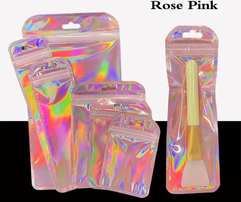 #7×18cm Cute Pink Gradient Color Ziplock Bags - Laser Holographic Seal Bags for Card Packaging, Gift Wrapping & Packing / Adorable Plastic Sealable Bag