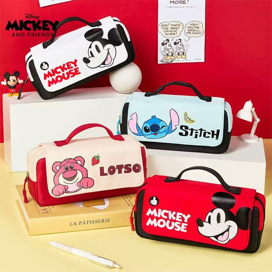 #Disney Cartoon Pencil Case for Primary School Students, Large-Capacity Double-Layer Flip-Top Handheld Pencil Pouch, Lotso Strawberry Bear & Stitch Kids Stationery Bag