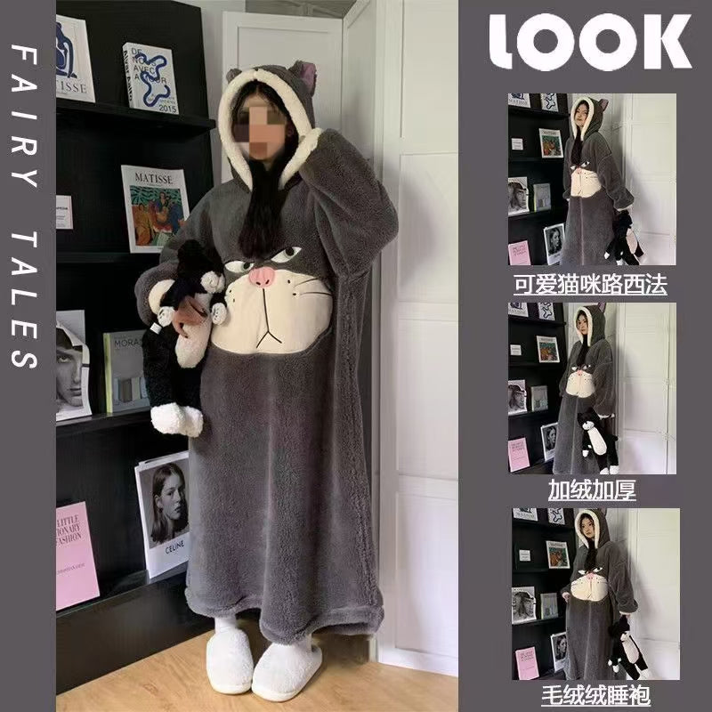 #Toothless Hooded Robe Long Flannel Coral Fleece Pajamas for Winter