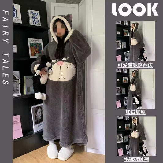 #Toothless Hooded Robe Long Flannel Coral Fleece Pajamas for Winter