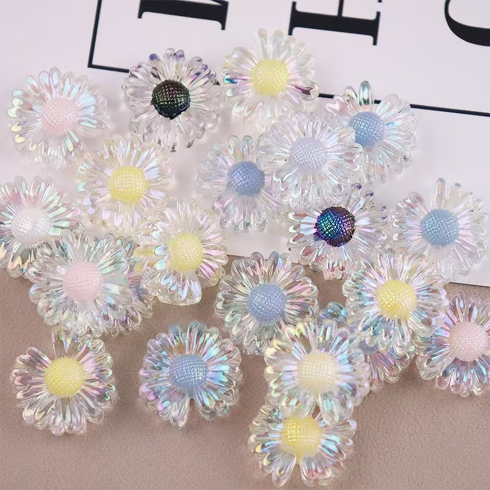25mm Transparent Iridescent Double-Sided Small Daisy Acrylic Bling Beads with Straight Holes