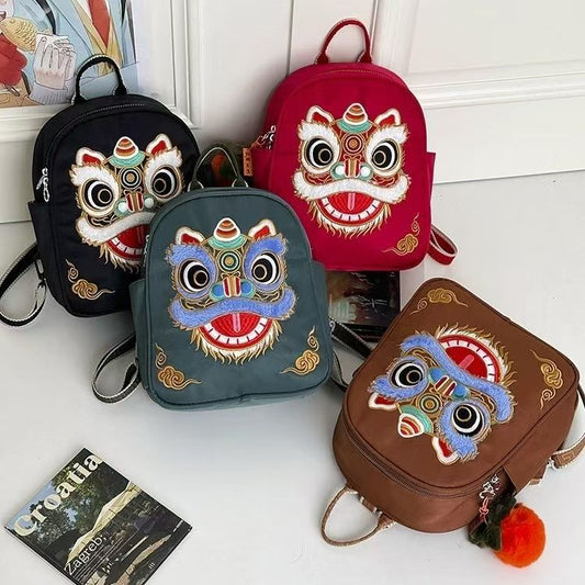 #Lion Dance Backpack, Embroidered Cartoon Lion Face Design, National Trend个性Backpack for Students & Adults