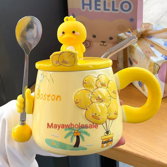 #High-value INS-style ceramic water cup for women, suitable for home, outdoor & office use, with lid, ideal as a gift, comes with a cute doll spoon