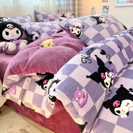 Class A Milk Fleece Sanrio Bedding SET --Winter Thickened Kuromi Cinnamoroll Duvet Cover Flat Sheet For Bare Sleeping