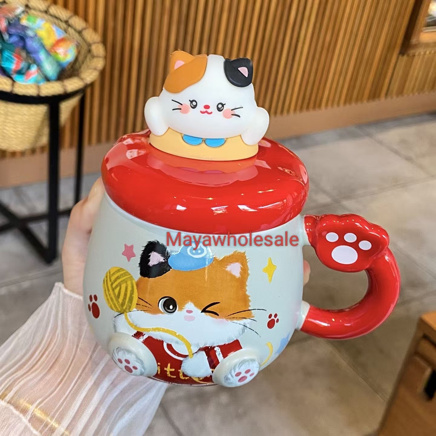 #High-value INS-style ceramic water cup for women, suitable for home, outdoor & office use, with lid, ideal as a gift, comes with a cute doll spoon
