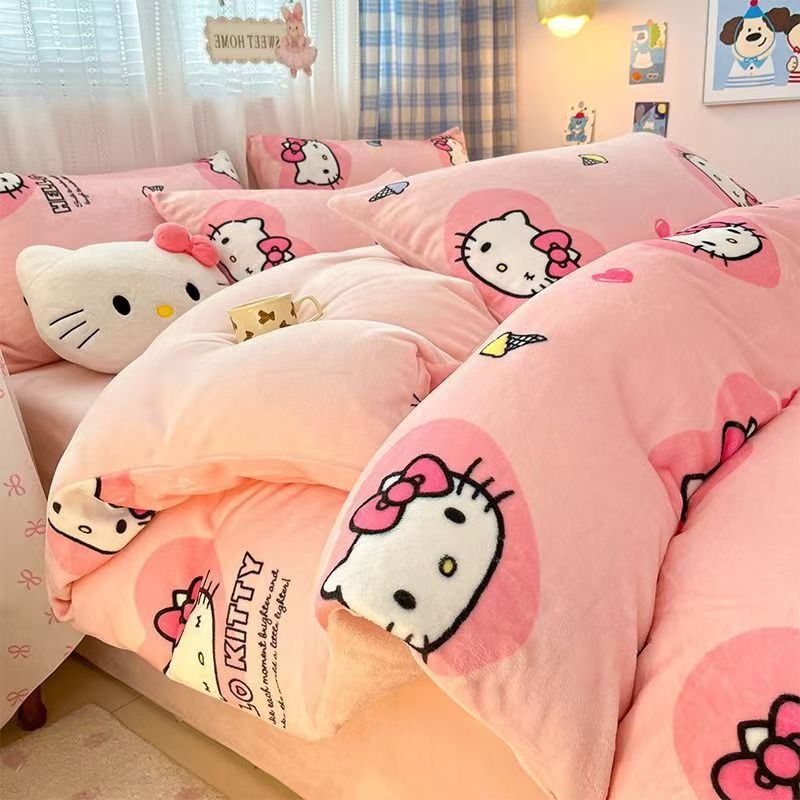 Class A Milk Fleece Sanrio Bedding SET --Winter Thickened Kuromi Cinnamoroll Duvet Cover Flat Sheet For Bare Sleeping