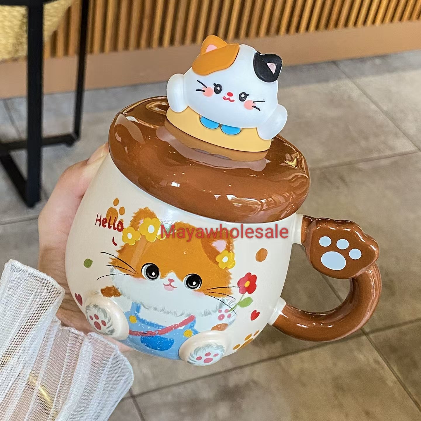 #High-value INS-style ceramic water cup for women, suitable for home, outdoor & office use, with lid, ideal as a gift, comes with a cute doll spoon