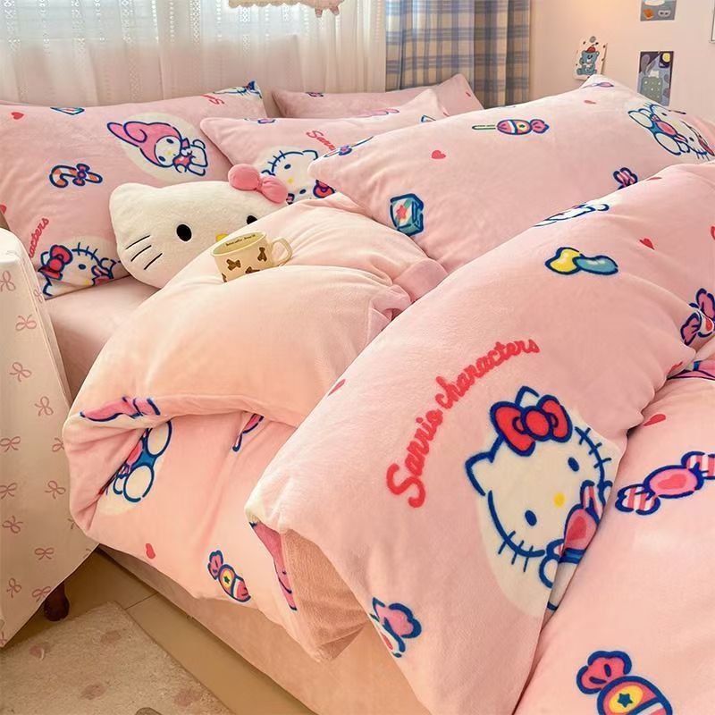 Class A Milk Fleece Sanrio Bedding SET --Winter Thickened Kuromi Cinnamoroll Duvet Cover Flat Sheet For Bare Sleeping