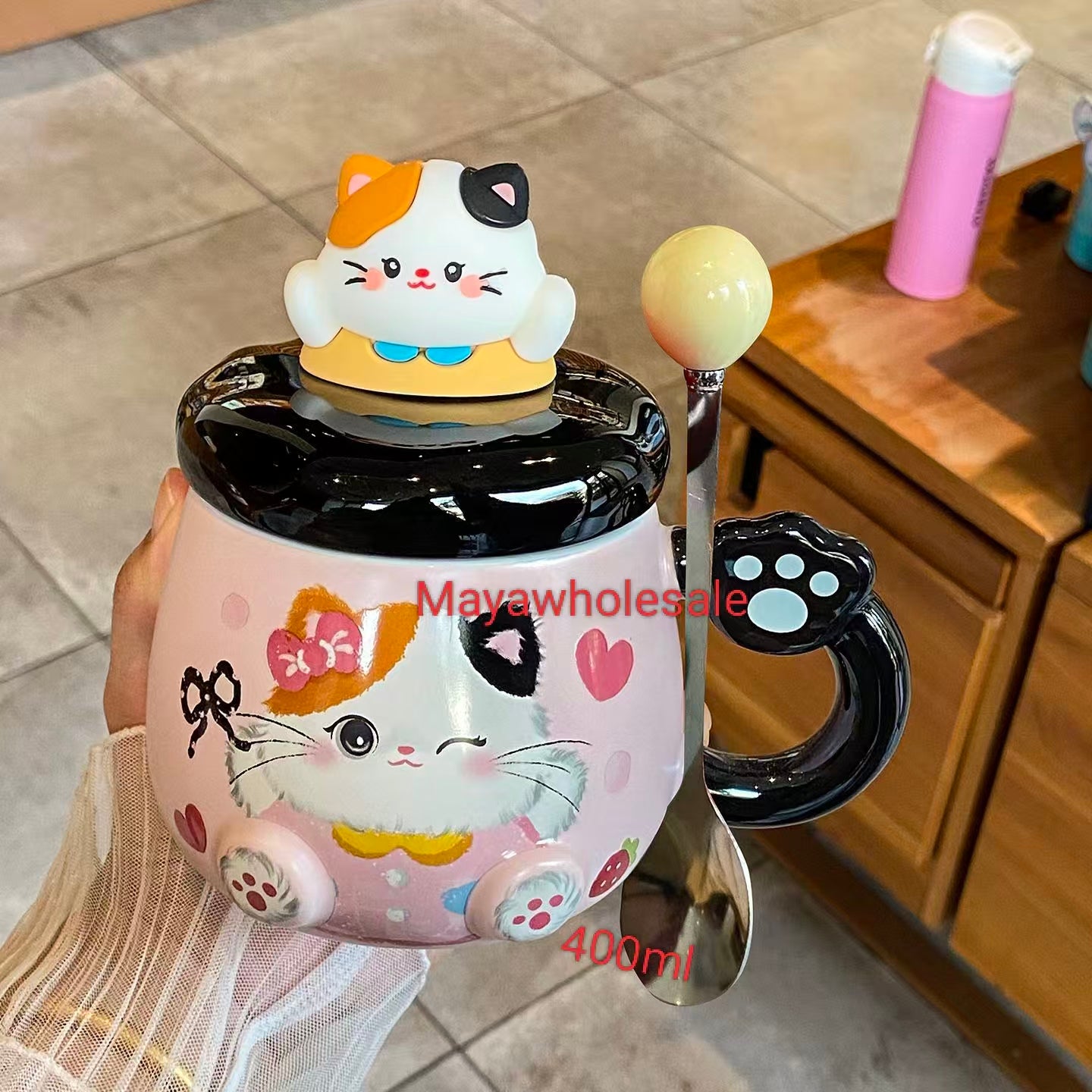 #High-value INS-style ceramic water cup for women, suitable for home, outdoor & office use, with lid, ideal as a gift, comes with a cute doll spoon