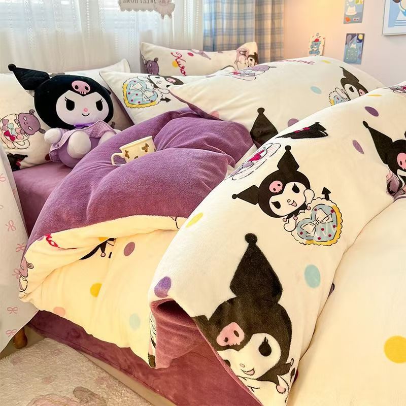 Class A Milk Fleece Sanrio Bedding SET --Winter Thickened Kuromi Cinnamoroll Duvet Cover Flat Sheet For Bare Sleeping