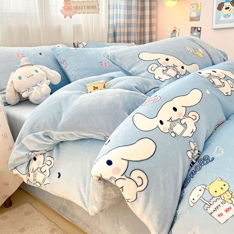 Class A Milk Fleece Sanrio Bedding SET --Winter Thickened Kuromi Cinnamoroll Duvet Cover Flat Sheet For Bare Sleeping