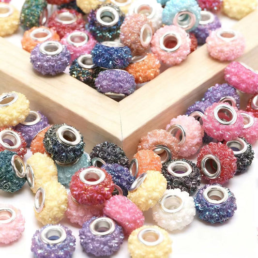 #Colorful Beads with Large Holes, Preserved Flower & Rainbow AB Resin Beads: DIY Beading Accessories for Pandora-Style Bracelets, Factory Direct Sale.