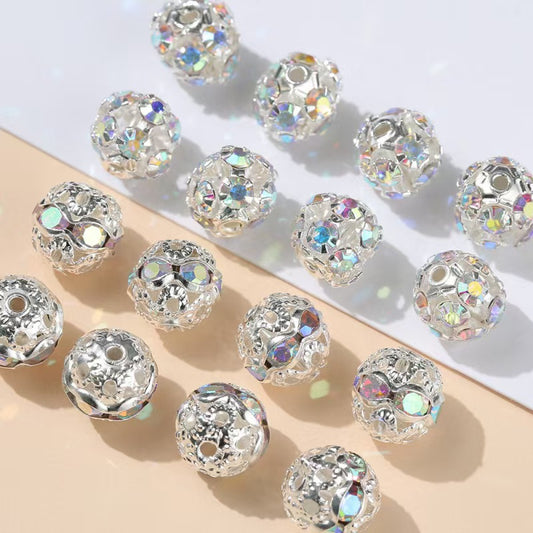 #Electroplated Silver AB Rhinestone Flower Beads, 8mm Spacer Beads: Hollow Rhinestone Settings for DIY Bracelet Accessories.