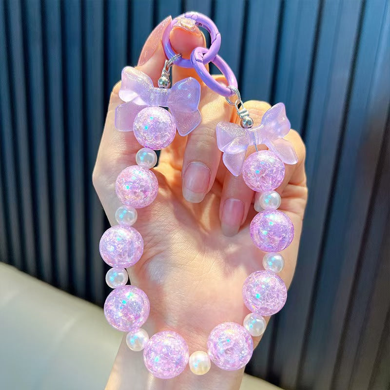 Ice-Crack Beaded Bowknot Keychain Phone Case Keychain Hanging Chain Lanyard - Graduation Gift, Small Gift (Wholesale)